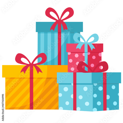 Big pile of gift boxes in festive wrapping paper with ribbon and bows. Stack of different presents for Christmas or birthday holiday. Many various giftboxes. Flat vector illustration isolated on white