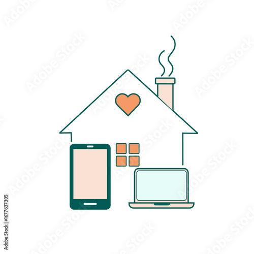 Home, warm feeling, digital devices, mental health & digital detox, simple design with copy space on transparent background