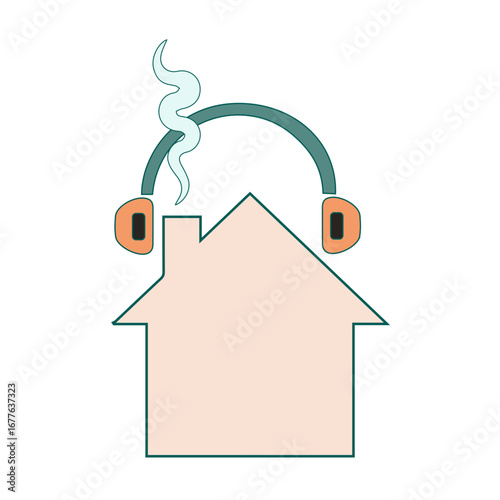 House, relaxing vibe, headphones with smoke, mental health & digital detox, simple design with copy space on transparent background