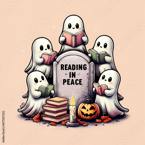 Whimsical ghosts reading books by tombstone, reading in peace text written, happy Halloween poster template, graphic design illustration wallpaper 