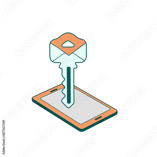 Key, digital access, smartphone with key, mental health & digital detox, simple design with copy space on transparent background