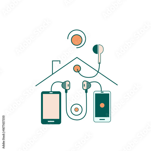 Home, musical ambiance, smartphones and headphones with sound, mental health & digital detox, simple design with copy space on transparent background