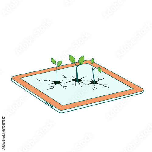 Tablet, growth concept, plants sprouting from device, mental health & digital detox, simple design with copy space on transparent background