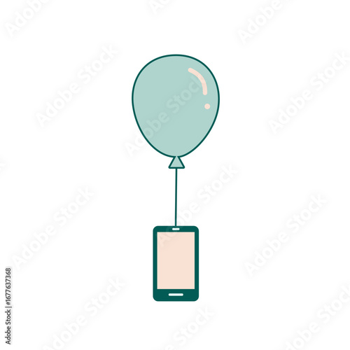 Balloon, playful concept, smartphone with balloon, mental health & digital detox, simple design with copy space on transparent background