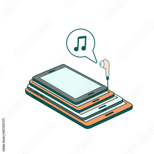 Smartphones, musical communication, stacked devices with headphones, mental health & digital detox, simple design with copy space on transparent background