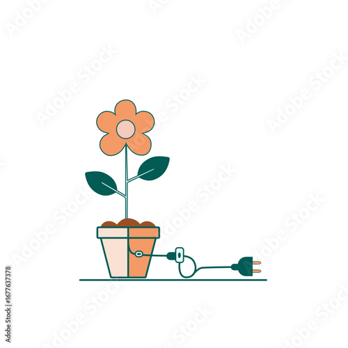Flower, energy concept, plant with electrical plug, mental health & digital detox, simple design with copy space on transparent background
