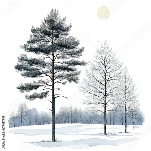 Winter Night Starry Sky, watercolor painting vector, isolated on a white background.