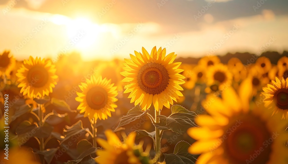 Fototapeta premium A field of sunflowers bathed in the warm glow of the setting sun, creating a vibrant and picturesque scene.