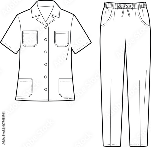 Men's pajama set flat sketch, short sleeve shirt and pants, sleepwear cad drawing, front view vector fashion illustration
