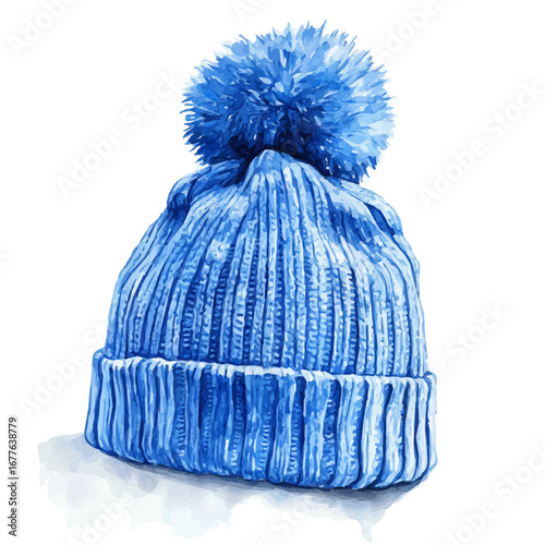 Winter Hat With Pompom, watercolor vector, isolated on a white background.