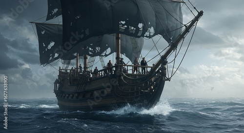 Dark pirate ship sailing on a stormy sea