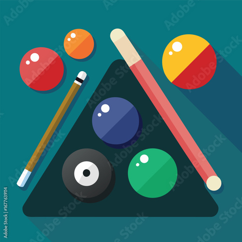 Flat lay illustration of billiard balls and cues arranged on a table, perfect for game design projects