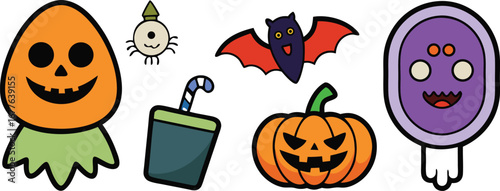 Happy Halloween day element background vector. Cute collection of spooky ghost, pumpkin, bat, candy, cat, skull, spider, grave, castle. Adorable halloween festival elements for decoration, prints.