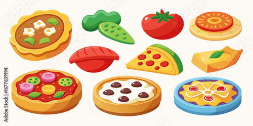 Set of different pizza ingredients 3d icons. Colorful isometric icons isolated on white background. Vector illustration.