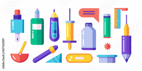 Set of different tools for building a miniature model 3d icons. Colorful isometric icons isolated on white background. Vector illustration.