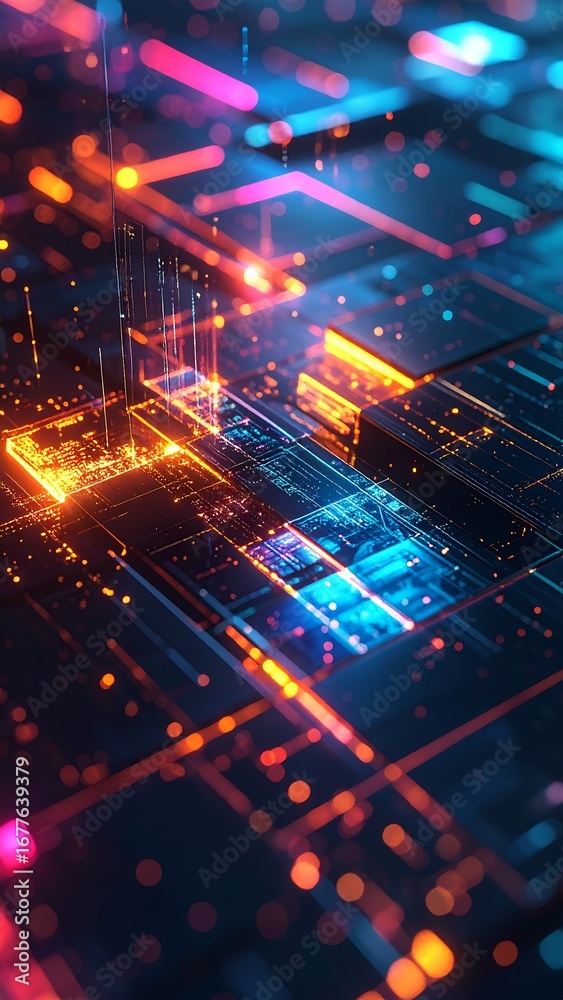 Obraz premium Abstract digital illustration featuring glowing circuits with orange, blue, and pink lights, creating a futuristic technology background.