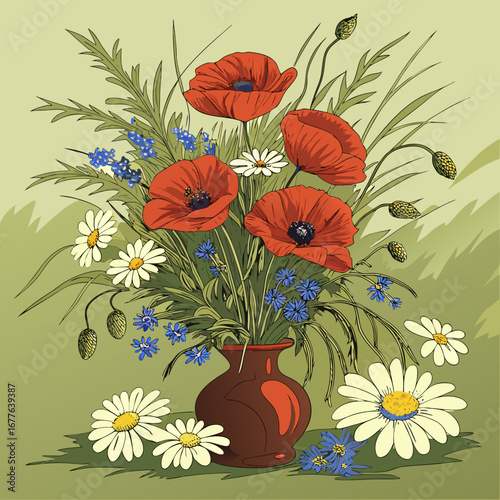Still life oil painting of a floral bouquet in a vase, featuring red poppies, white daisies, and blue wildflowers, arranged against a textured green background