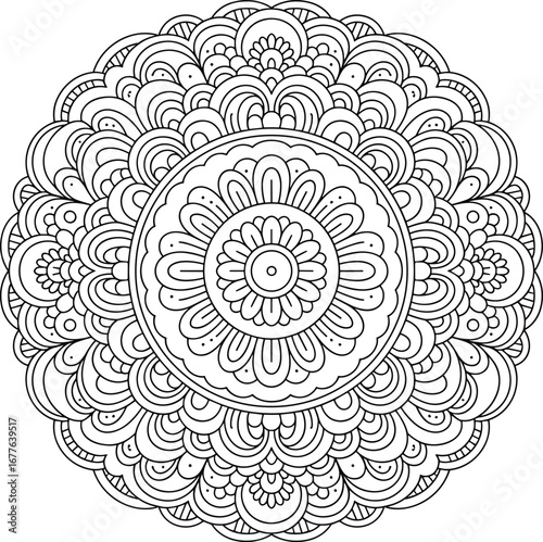 Beautiful round mandala coloring page, intricate abstract floral design, black and white line artwork for relaxation, flat vector illustration