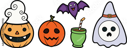 Happy Halloween day element background vector. Cute collection of spooky ghost, pumpkin, bat, candy, cat, skull, spider, grave, castle. Adorable halloween festival elements for decoration, prints.
