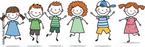 Cartoon kids happily jumping, playful children illustration, diverse group of boys and girls, cheerful expressions, fun childhood moments, colorful outfits