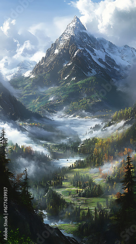 Breathtaking rocky mountain scenery with forest and mist high resolution picture