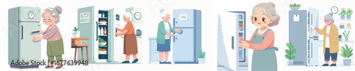 vector of grandmother opening the refrigerator
