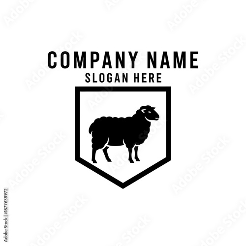 A black silhouette of a sheep is displayed within a shield emblem, with the text "COMPANY NAME" and "SLOGAN HERE" above it.