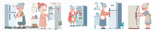 vector of grandmother opening the refrigerator