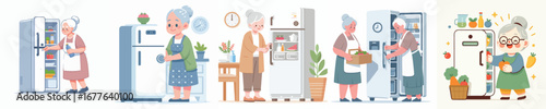 vector of grandmother opening the refrigerator