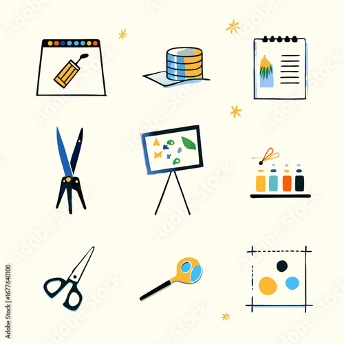 Tools for creating a DIY vision board watercolor images. Flat isolated icons. Vector illustration.