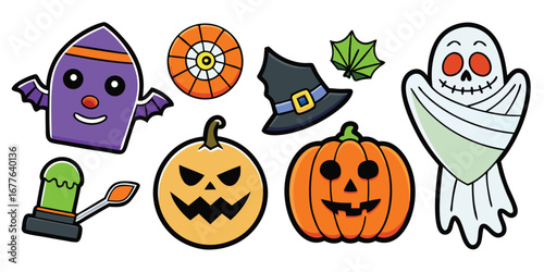 Happy Halloween day element background vector. Cute collection of spooky ghost, pumpkin, bat, candy, cat, skull, spider, grave, castle. Adorable halloween festival elements for decoration, prints.