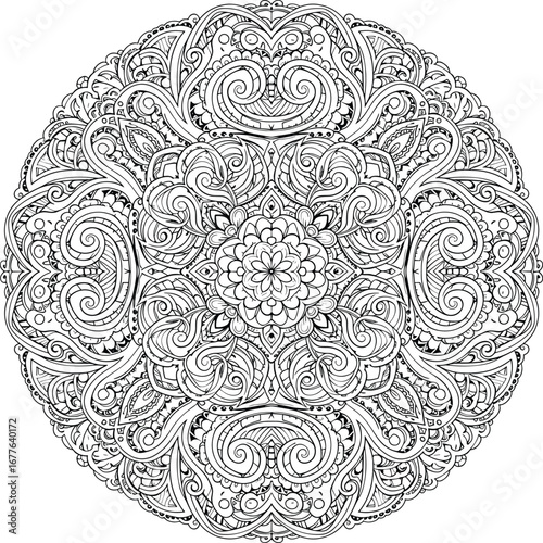 Intricate floral mandala design in black outline, detailed circular vector for coloring book, relaxation, meditation, decoration, flat vector illustration
