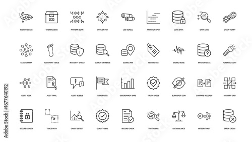 collection data detective icons symbolizing investigation anomalies ensuring data integrity