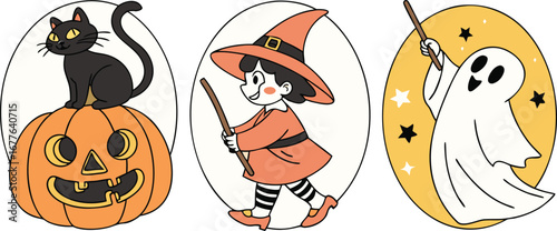 Happy Halloween day element background vector. Cute collection of spooky ghost, pumpkin, bat, candy, cat, skull, spider, grave, castle. Adorable halloween festival elements for decoration, prints.