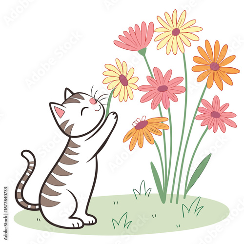 A playful kitten curiously sniffing a vibrant bouquet of blooming gerbera daisies rendered as a charming vector illustration with bright colors and clean lines