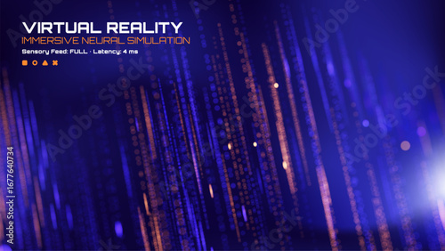 Virtual reality immersive neural simulation concept showing digital data streams with glowing particles for futuristic technology.