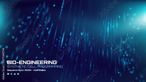 Bio-engineering synthetic cell programming abstract background with light blue particles and dark blue space.
