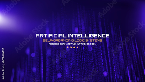Artificial intelligence text on digital background. Concept of self-organizing logic system for data processing and technology.