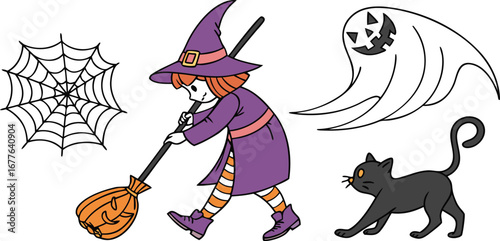 Happy Halloween day element background vector. Cute collection of spooky ghost, pumpkin, bat, candy, cat, skull, spider, grave, castle. Adorable halloween festival elements for decoration, prints.