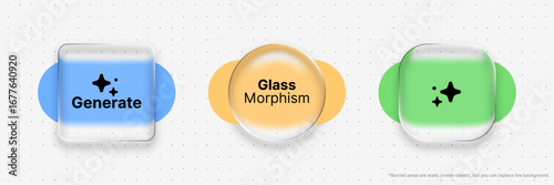Blue and green abstract glass morphism elements on white dotted background for modern web design UI.