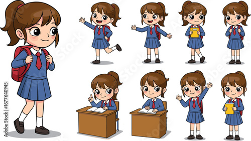 Cute schoolgirl with brown hair in ponytail, wearing uniform, backpack, smiling, studying, holding books, waving, happy student, classroom scenes