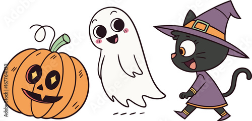 Happy Halloween day element background vector. Cute collection of spooky ghost, pumpkin, bat, candy, cat, skull, spider, grave, castle. Adorable halloween festival elements for decoration, prints.