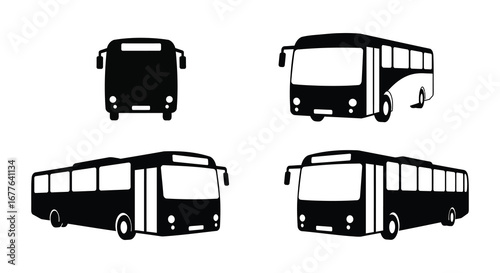 Black and White Bus Silhouette Set in Four Different Angles and Perspectives