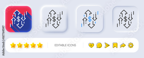 Dollar rates line icon. Neumorphic, Flat shadow, 3d buttons. Currency exchange sign. Money trade symbol. Line dollar rate icon. Social media icons. Vector