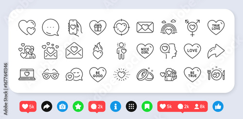 Heart flame, Heart and Dating app line icons pack. Social media: share, comment, like icons. Love, Romantic talk, Love letter web icon. Be good, Genders, Valentine pictogram. Vector