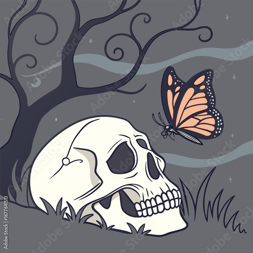 Gothic illustration of a solitary butterfly perched gracefully upon a human skull evoking themes of mortality and ephemeral beauty