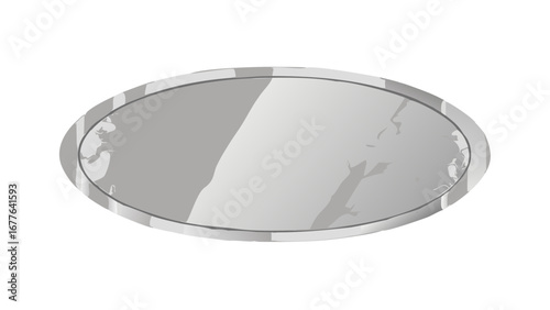 A reflective silver oval tray with a thin rim is displayed on a white surface with subtle shadows