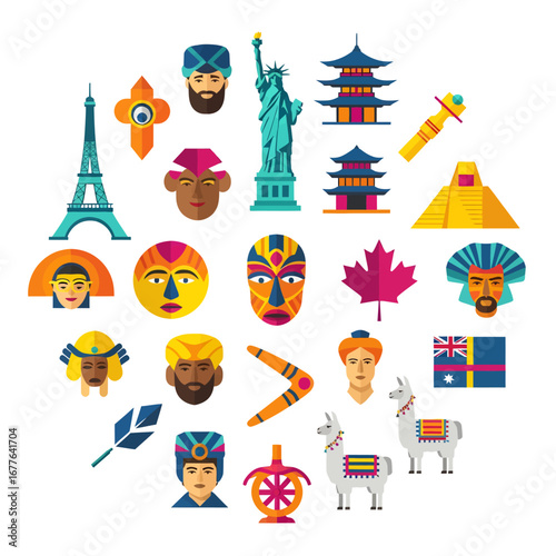 World Travel and Culture Icons Set with Famous Landmarks.
