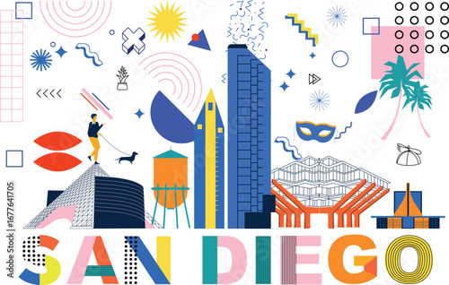 Typography word "San Diego" branding technology concept. Collection flat vector web icons, culture travel set, famous architectures, specialties detailed silhouette. American Memphis famous landmark.