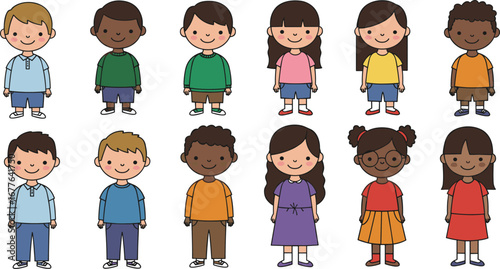 Diverse standing kids, multicultural boys and girls, smiling children, different outfits and hairstyles, happy kids, diverse ethnicity, cute cartoon kids